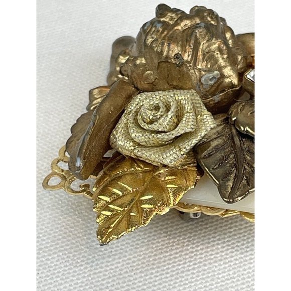 Vintage Assemblage Brooch Maximal Art Style Cherub Romantic Gold Tone Rhinestone - Picture 6 of 9